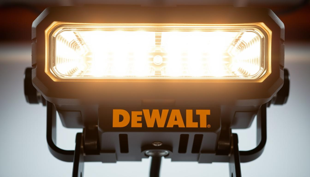 A close-up of a sturdy DEWALT LED work light, its robust metal casing gleaming under bright studio lighting. The light emits a warm, even glow, illuminating the surrounding space with an aura of efficiency and reliability. The front panel features a rugged, impact-resistant lens, while the adjustable swivel mount allows for versatile positioning. The work light's sleek, modern design blends seamlessly with the industrial aesthetic, making it an essential tool for construction sites and workshops.