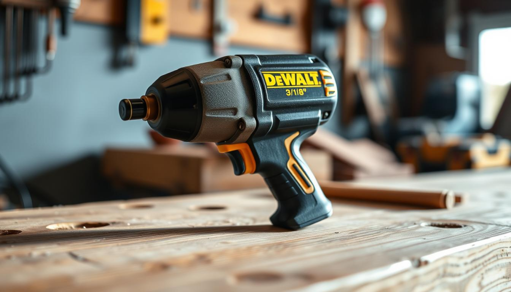 A close-up photograph of a DeWalt 3/8" impact wrench sitting on a wooden workbench. The tool has a matte black finish with yellow accents, showcasing its rugged and durable construction. The image is well-lit, with natural lighting filtering in from the side, casting subtle shadows that accentuate the wrench's form and texture. The background is slightly blurred, creating a focal point on the impact wrench, allowing the viewer to appreciate its quality and craftsmanship. The overall mood is one of professionalism and reliability, reflecting the product's reputation among customers.