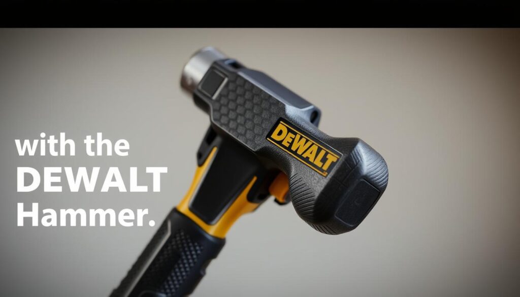 A close-up photograph of the features of a DEWALT hammer, captured in high resolution with a wide-angle lens and soft, even lighting. The hammer is centered in the frame, showcasing its sturdy construction, textured grip, and distinctive DEWALT branding. The background is clean and uncluttered, allowing the hammer's details to stand out. The image conveys a sense of quality, durability, and attention to design, perfectly aligning with the "Elevate Your DIY with the DEWALT Hammer" article and the "Features of the DEWALT Hammer" section.