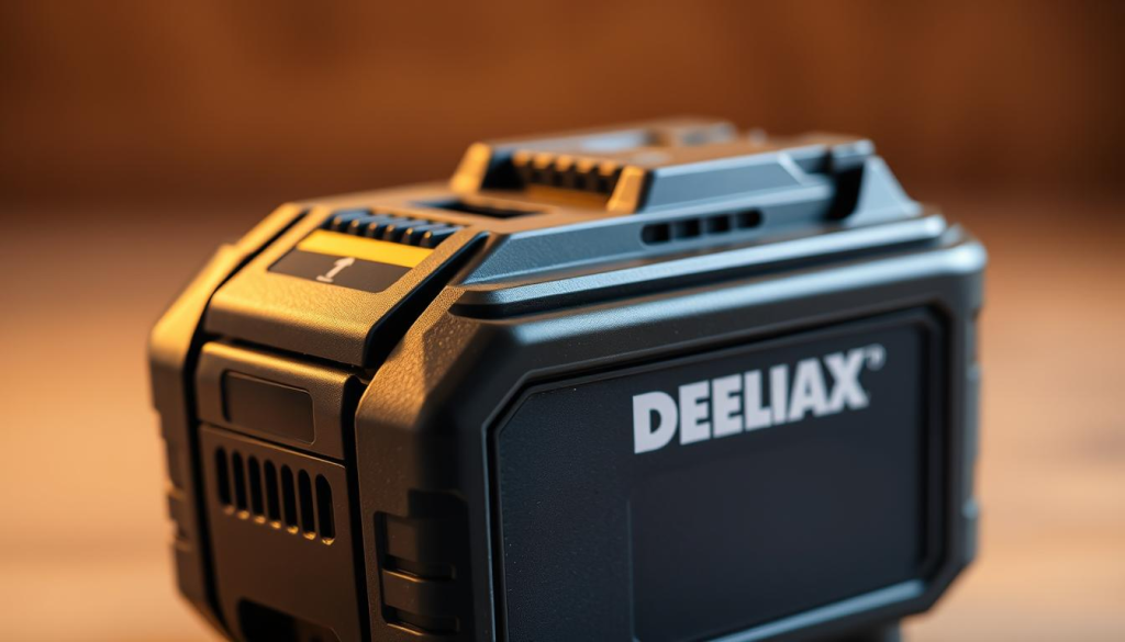 A close-up shot of a DEWALT 20V MAX battery pack, showcasing its sleek and durable design. The battery is positioned in the center of the frame, with a warm, even lighting illuminating its surface. The background is slightly blurred, emphasizing the subject. The battery's contacts and vents are clearly visible, hinting at the internal mechanisms that power DEWALT's cordless tools. The image conveys a sense of precision engineering and reliable performance, reflecting the maintenance tips for ensuring the longevity of this essential power source.