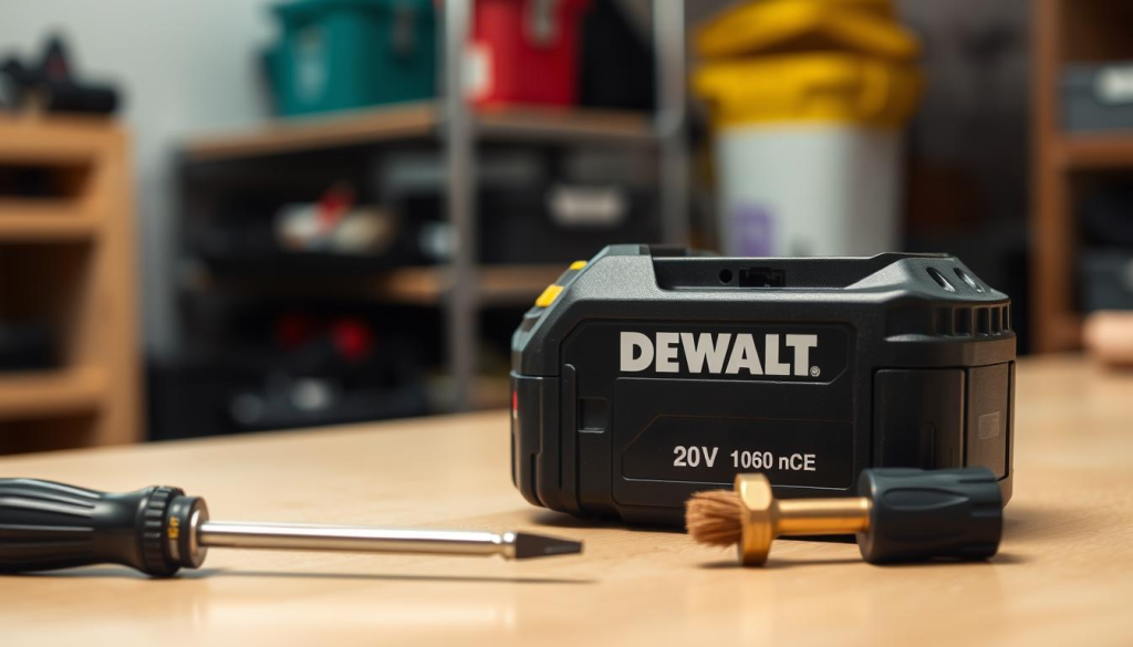 A close-up shot of a DEWALT 20V battery pack resting on a clean, well-lit workbench. The battery has a sleek, black casing with the DEWALT logo prominently displayed. In the foreground, a set of tools, including a screwdriver and a brush, are neatly arranged, suggesting a maintenance routine. The background is blurred, but hints at a workshop environment with shelves and storage containers visible. The lighting is soft and diffused, creating a warm, inviting atmosphere that emphasizes the attention to detail and care required for proper battery maintenance.