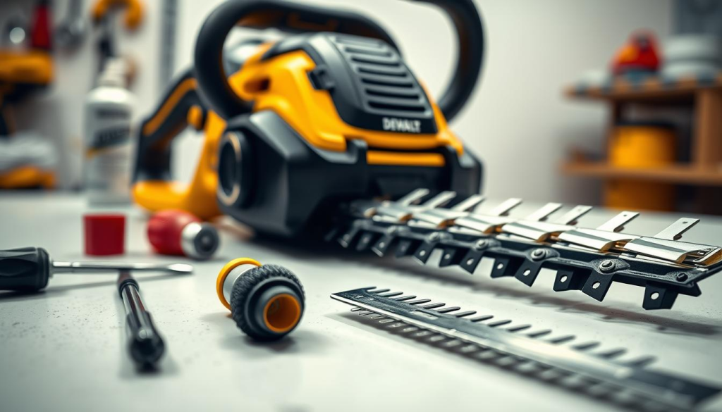 A close-up shot of a DEWALT 20V cordless hedge trimmer being meticulously maintained. The trimmer is positioned on a clean, well-lit workbench, its sleek black and yellow body glistening. In the foreground, a set of tools - screwdrivers, brushes, and lubricants - are neatly arranged, ready to service the device. The middle ground features the trimmer's blades, their sharp edges gleaming under the soft, diffused lighting. The background is slightly blurred, creating a sense of focus on the maintenance process. The overall atmosphere conveys a mood of diligence, attention to detail, and a commitment to preserving the longevity of the DEWALT 20V hedge trimmer.