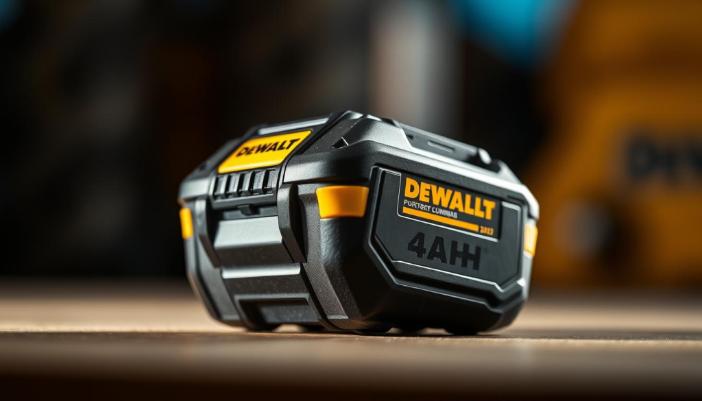 A close-up shot of a DEWALT 4AH battery pack, meticulously crafted with a sleek black and yellow design. The battery is illuminated by a warm, diffused light, casting subtle shadows that accentuate its rugged, industrial aesthetic. The surface texture is clearly visible, showcasing the battery's durable construction. The composition places the battery in the center, slightly tilted to reveal its inner workings and technical details. The background is blurred, creating a sense of depth and focus on the battery's innovative features. The overall mood is one of technological sophistication and DEWALT's commitment to delivering reliable, high-performance power solutions.