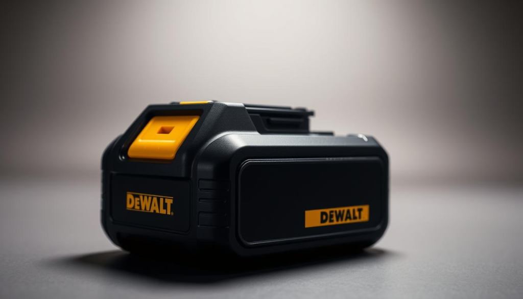 A close-up shot of a DEWALT 5Ah battery pack in a well-lit studio setting. The battery is positioned at a slight angle, highlighting its sleek, black and yellow design. The surface reflects the light, creating a smooth, glossy appearance. The background is a simple, neutral-colored backdrop that allows the battery to be the focal point. The lighting is soft and diffused, creating subtle shadows that accentuate the battery's contours and details. The overall mood is one of precision, power, and versatility, reflecting the capabilities of this high-performance battery.