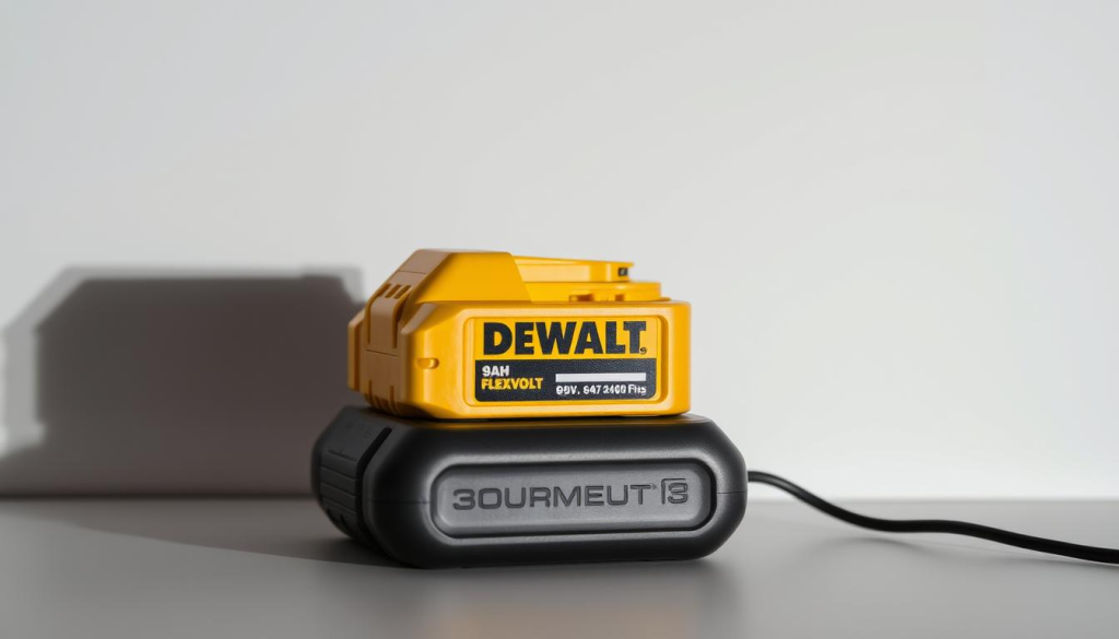 A close-up shot of a DEWALT 9AH FLEXVOLT battery charging on a sleek, modern charger against a clean, minimalist background. The battery's vibrant yellow color and sturdy, textured design stand out, drawing the viewer's attention. Soft, directional lighting casts subtle shadows, emphasizing the battery's depth and contours. The charger's simple, rectangular form and muted tones complement the battery, creating a harmonious, high-quality visual. The scene conveys a sense of power, efficiency, and the advanced technology powering DEWALT's industry-leading cordless tools.