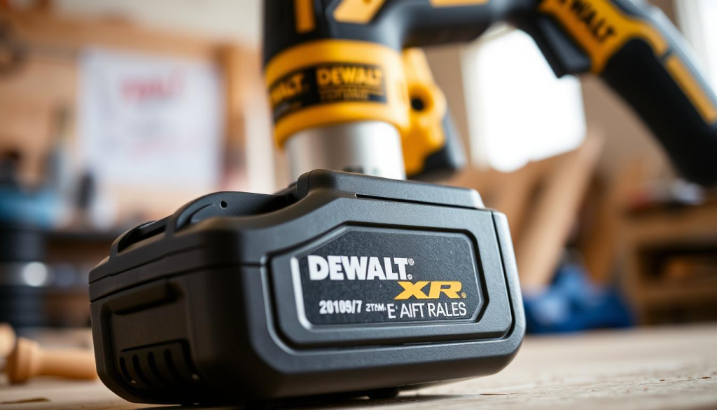 A close-up shot of a DEWALT XR jigsaw battery pack, captured in natural lighting with a shallow depth of field. The battery's sleek, black casing takes up the foreground, its details and logo sharply in focus. In the background, a softly blurred workspace hints at the tool's power and versatility. The image conveys the battery's high-performance capabilities, emphasizing its long-lasting charge and efficient recharging for uninterrupted woodworking productivity.
