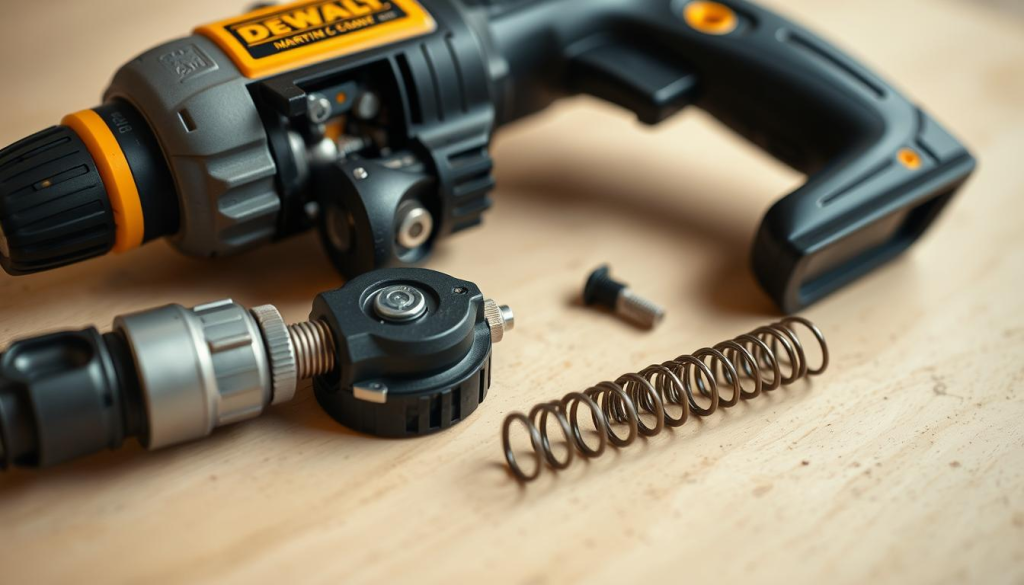A close-up shot of a DEWALT electric screwdriver being carefully maintained. The screwdriver is disassembled, with various components like the motor, gears, and spring laid out on a clean, well-lit workbench. The lighting is soft and even, highlighting the intricate details of the tool's inner workings. The angle is slightly elevated, providing a clear view of the screwdriver's anatomy. The overall mood is one of precision and attention to detail, conveying the importance of proper maintenance for this versatile DIY tool.