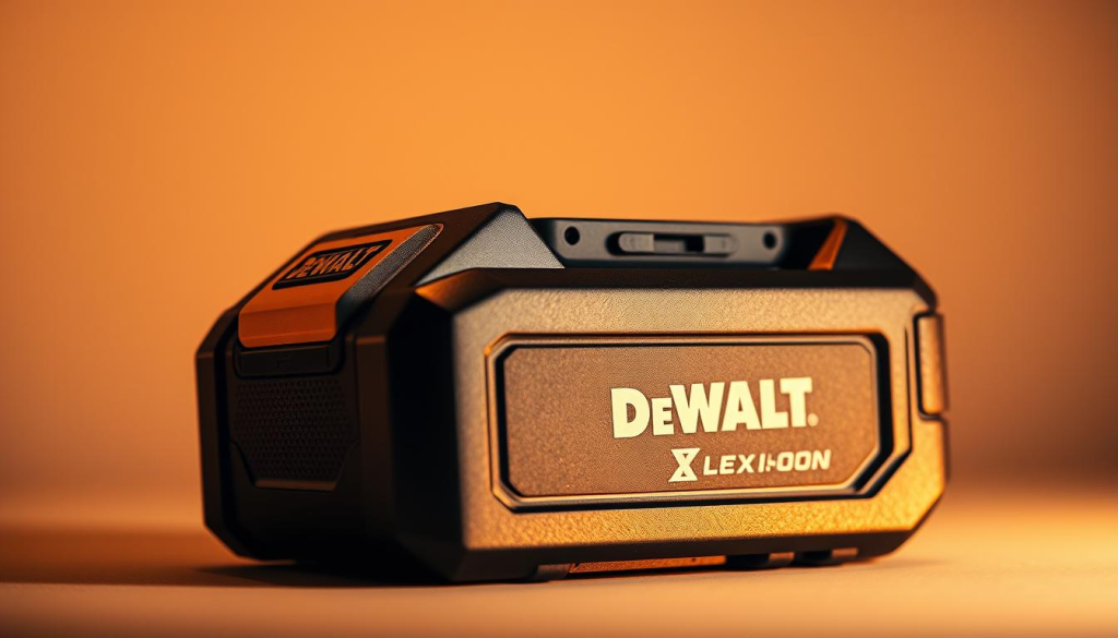 A close-up shot of a DeWalt Flexvolt lithium-ion battery pack, showcasing its sleek and robust design. The battery is positioned against a clean, neutral background, allowing it to be the central focus. Warm, directional lighting accentuates the battery's textured surface and metallic accents, creating a sense of depth and highlighting its premium construction. The image conveys a mood of power, reliability, and technological advancement, befitting the "Evolution of Battery Technology" theme.