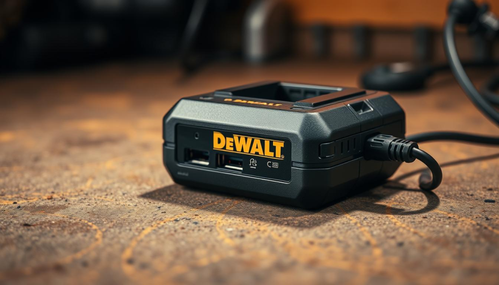 A close-up shot of a DeWalt USB charging adapter, resting on a textured workbench surface. The adapter is rendered in high detail, its sleek black housing and metallic accents catching the warm, diffused lighting from above. The image conveys a sense of versatility and functionality, perfectly suited for powering or charging DeWalt power tools in real-world applications. The background is slightly blurred, placing the focus on the adapter's form and features.