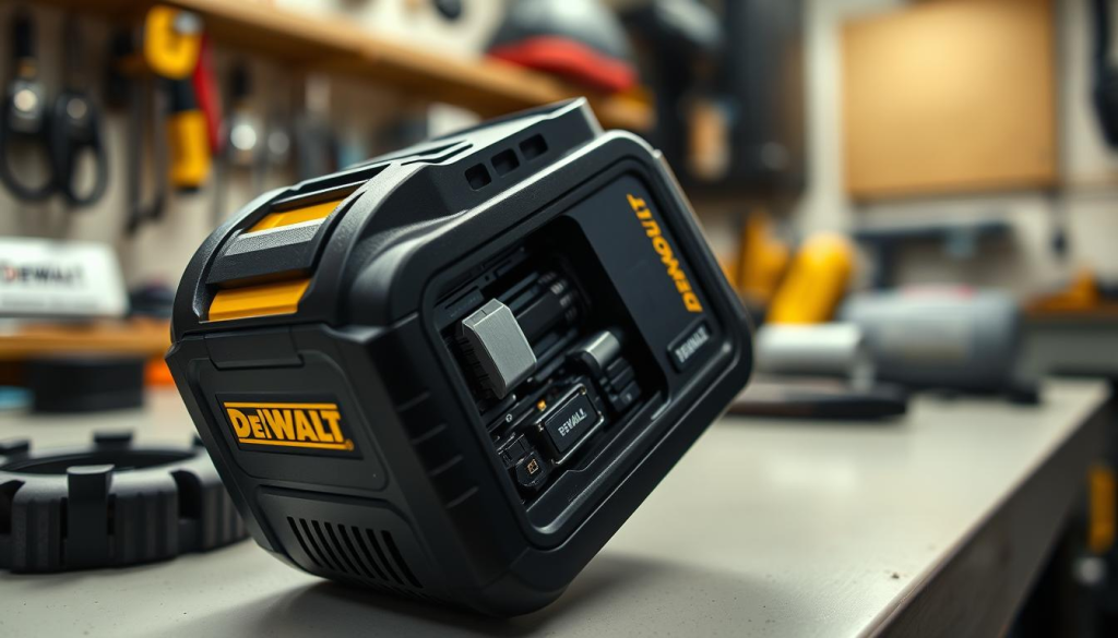 A close-up shot of a Dewalt Flexvolt battery pack, showcasing its intricate internal components. The battery is positioned on a clean, well-lit workbench, with a subtle background of workshop tools and equipment. The lighting is soft and directional, highlighting the battery's sleek design and the precision engineering within. The image conveys a sense of attention to detail and the importance of proper maintenance for optimal performance and longevity of the Flexvolt battery system.