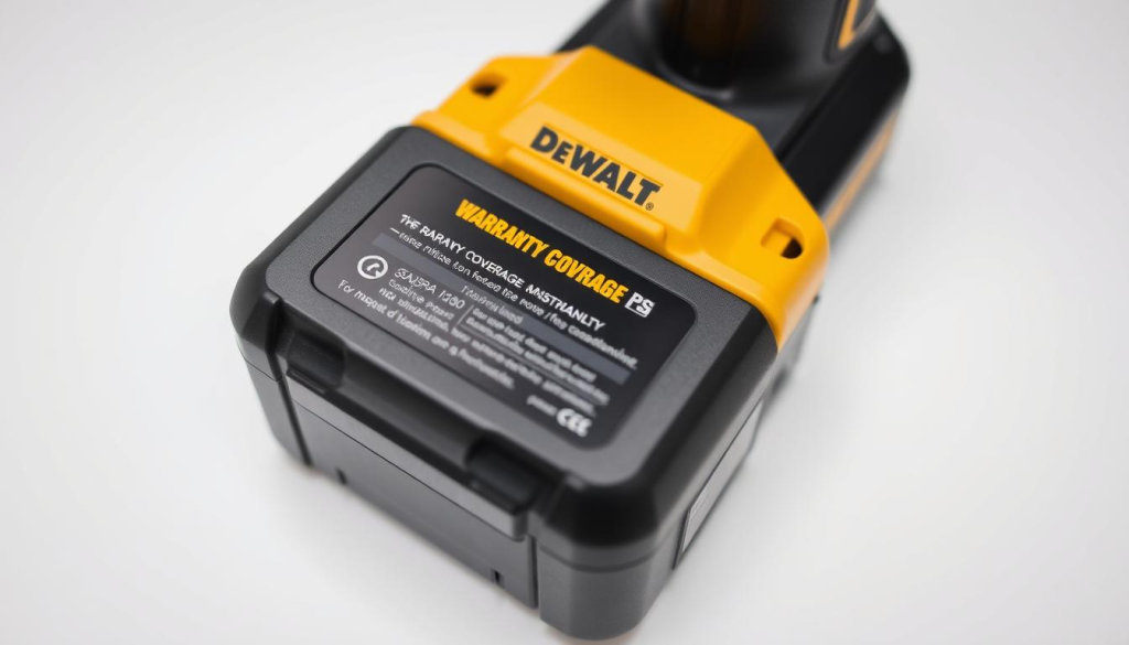 A close-up shot of a Dewalt cordless power tool battery with a clear, crisp display showcasing the warranty coverage details. The battery is placed on a clean, white background, evenly lit from the top to highlight the sleek, professional design. The image should convey a sense of reliability, durability, and attention to detail that Dewalt is known for. The focus should be on the warranty information presented in a clear and easy-to-understand manner, emphasizing the company's commitment to customer satisfaction.