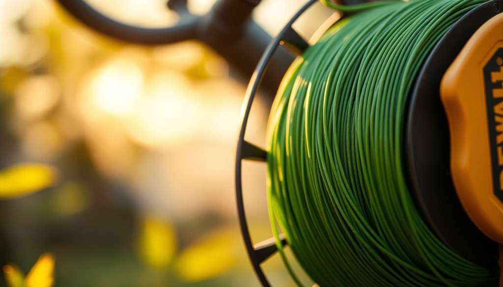 A close-up shot of a Dewalt weed eater spool, its thick green nylon strings neatly wound and ready for seasonal use. The spool is set against a softly blurred background, with warm afternoon sunlight filtering through, casting gentle shadows and highlights that accentuate the textural details of the strings. The overall mood is one of quiet preparedness, hinting at the reliable performance the Dewalt weed eater is known for when tackling overgrown vegetation in the changing seasons.