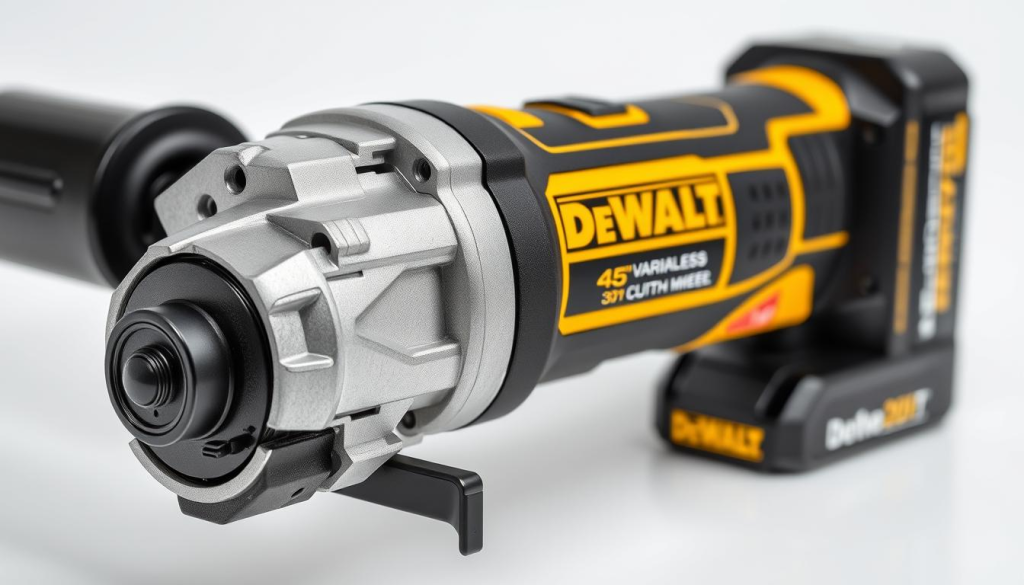 A close-up shot of a professional-grade DeWalt 20V cordless brushless angle grinder, meticulously detailed against a clean, bright background. The tool's rugged, ergonomic design is highlighted, showcasing its sturdy metal housing, variable speed trigger, and the powerful brushless motor. The grinder's essential specifications, such as its 4.5-inch cutting wheel, fade-free 20V MAX lithium-ion battery, and electronic brake, are clearly visible. The image conveys the grinder's versatility and suitability for a variety of DIY projects, with a crisp, high-resolution rendering that captures the tool's quality and performance.