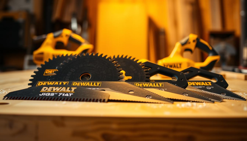 A close-up shot of a set of DEWALT jigsaw blades laid out on a wooden workbench, illuminated by warm, directional lighting. The blades are of various sizes and shapes, each showcasing the brand's signature yellow and black color scheme. The background is softly blurred, allowing the tools to be the focal point. The image conveys a sense of professional-grade quality and the potential for a wide range of DIY cutting projects.
