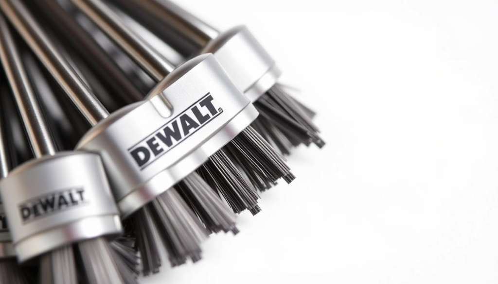 A close-up shot of a set of DeWalt replacement brushes arranged neatly against a clean, white backdrop. The brushes are depicted with exceptional detail, showcasing their metallic body, carbon tips, and the DeWalt logo prominently displayed. The lighting is soft and even, creating a professional, product-focused atmosphere. The image is captured at a slight angle, giving it a sense of depth and emphasizing the intricate components of the brushes. The overall composition is balanced and visually appealing, highlighting the key features that differentiate genuine DeWalt replacement parts from imitations.