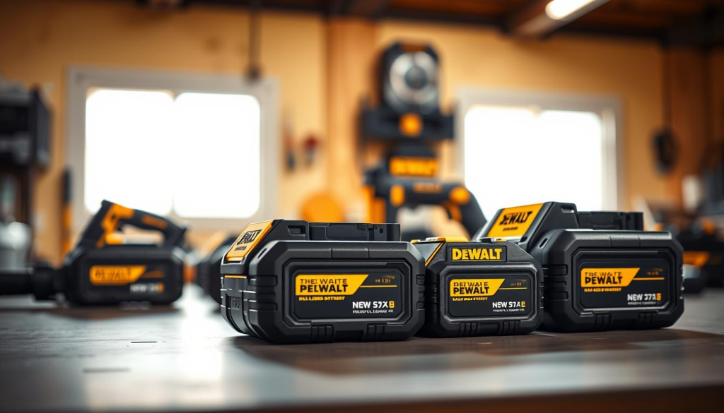 A close-up shot of a sleek and rugged DEWALT power tool set, featuring a collection of cordless batteries in various sizes resting on a clean, well-lit workbench. The batteries have a bold, metallic finish and display the iconic DEWALT logo prominently. The scene is bathed in warm, directional lighting that accentuates the modern, industrial design of the batteries. The background is subtly blurred, keeping the focus squarely on the power source at the heart of this versatile tool kit. The overall mood conveys a sense of reliable, high-performance power and the confidence that comes with using DEWALT's advanced battery technology.