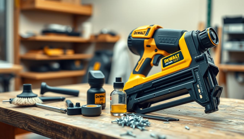 A close-up shot of a well-maintained DeWalt 20V cordless nail gun, resting on a wooden workbench. The tool is positioned in the foreground, its sleek black and yellow housing gleaming under soft, directional lighting. The middle ground features various maintenance tools, such as a brush, a small container of oil, and a handful of spare nails, neatly arranged around the nail gun. The background is slightly blurred, suggesting a clean, organized workshop environment, with a few shelves or tools visible in the distance. The overall composition conveys a sense of attention to detail and pride in the proper care and upkeep of a reliable power tool.