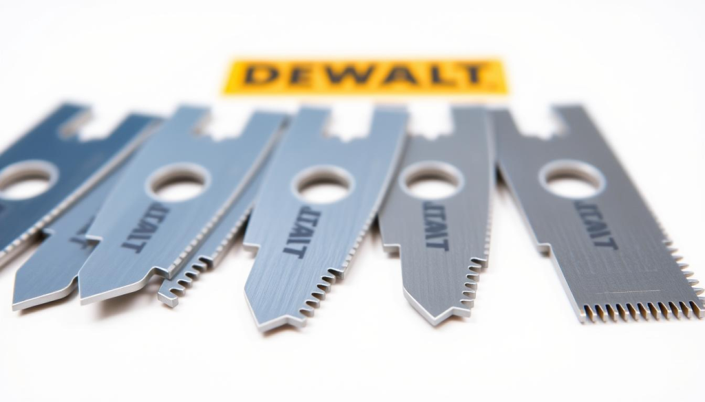 A close-up shot of several DEWALT utility knife replacement blades, neatly arranged on a clean, white background. The blades have a sleek, metallic finish and are showcased in a well-lit, professional setting. The focus is sharp, highlighting the intricate serrated edges and the DEWALT logo prominently displayed. The overall composition is balanced, creating a sense of order and highlighting the high-quality craftsmanship of these essential accessories for the DEWALT utility knife.