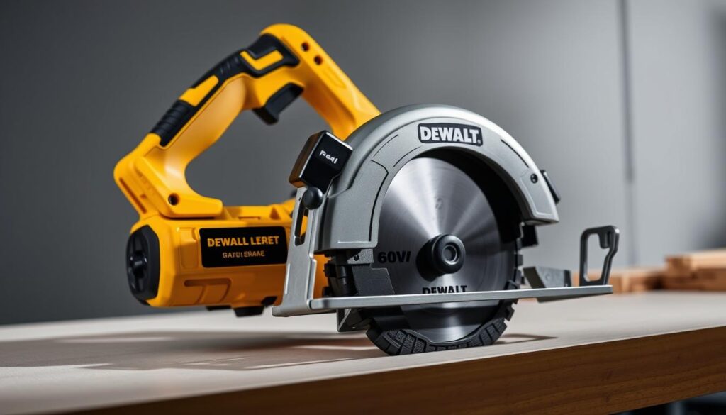 A close-up shot of the DEWALT XR circular saw, showcasing its key features. The saw is positioned on a clean, well-lit workbench, casting subtle shadows. The foreground highlights the smooth, ergonomic handle, the large trigger switch, and the compact, lightweight body. In the middle ground, the powerful 60V brushless motor, the precision-engineered blade guard, and the bevel adjustment mechanism are clearly visible. The background features a minimalist, gray-toned setting, emphasizing the saw's modern, industrial design. The overall atmosphere conveys a sense of power, efficiency, and attention to detail, reflecting the "Tips for Maximizing Performance" section of the article.