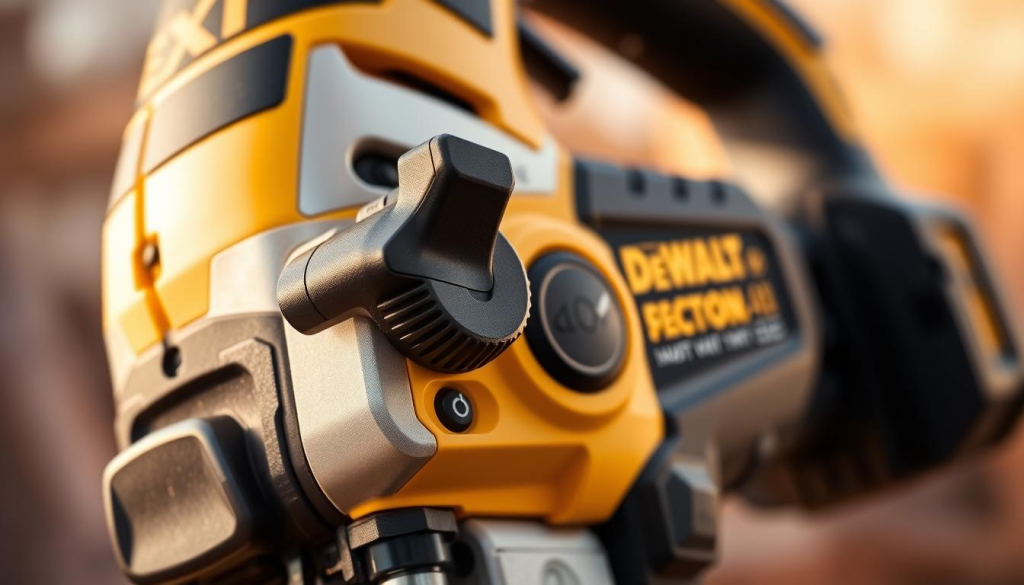 A close-up shot of the DEWALT XR jigsaw's user-friendly controls, captured in warm, natural lighting. The foreground features the jigsaw's distinctive control panel with a sturdy, ergonomic trigger, speed control dial, and orbital action selector. The middle ground showcases the tool's sleek, black-and-yellow design, highlighting its durable construction. The background subtly blurs, drawing the viewer's focus to the intuitive, well-positioned controls that enable precise, confident operation.