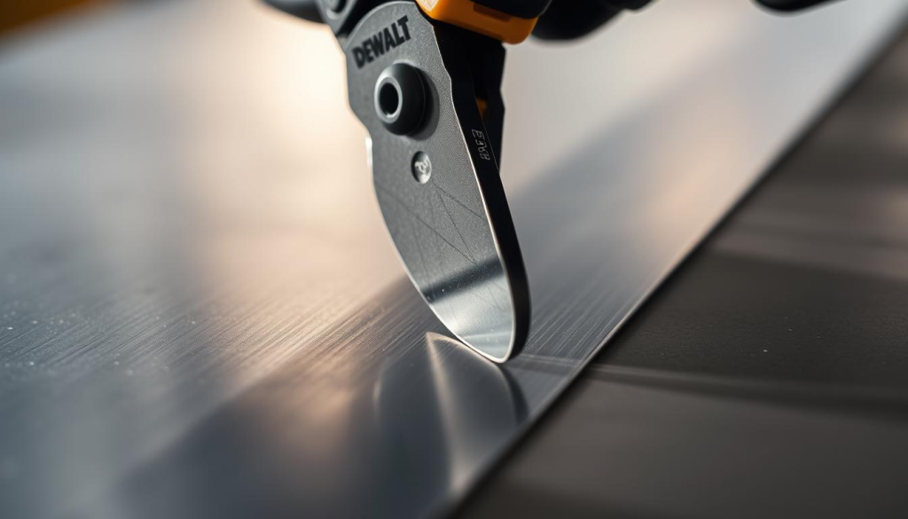 A close-up view of DEWALT metal shears precisely cutting through a sheet of thin metal, illuminated by soft, directional lighting that accentuates the shears' sleek, industrial design. The shears' sharp, precision-ground blades effortlessly slice through the metal, leaving a clean, straight edge. The scene is captured from a slightly elevated angle, showcasing the shears' powerful mechanics and the user's controlled, confident movements. The background is blurred, keeping the focus on the shears' performance and the high-quality craftsmanship that defines the DEWALT brand.