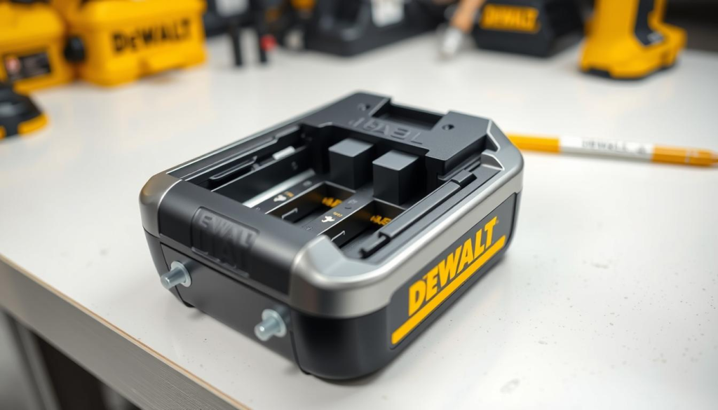 A close-up view of a DEWALT 15Ah battery pack, showcasing its intricate inner workings. The pack is placed on a clean, well-lit workbench, allowing for a detailed examination of its components. The metallic casing is polished, reflecting the bright lighting, while the individual cells are visible through a transparent panel. The pack is positioned at a slight angle, emphasizing its sleek, modern design. The overall scene conveys a sense of precision and attention to detail, reflecting the importance of proper maintenance for optimizing the battery's performance and longevity.