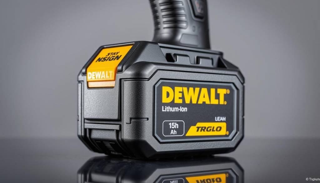 A close-up view of a DEWALT 15Ah lithium-ion battery pack, showcasing its durability and rugged construction. The battery is positioned on a reflective metal surface, with soft, directional lighting illuminating its textured casing and sturdy terminals. The background is a clean, neutral gray, allowing the battery to take center stage. The image captures the battery's weight, density, and substantial feel, reflecting the brand's reputation for reliable, high-performance power tools.