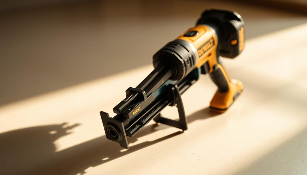 A close-up view of a DEWALT 20V MAX* Cordless Caulking Gun, showcasing its sleek and durable design. The gun is positioned on a clean, well-lit surface, casting subtle shadows that accentuate its contoured body and trigger mechanism. The lighting is warm and directional, creating a sense of professionalism and attention to detail. The background is subtly blurred, keeping the focus on the caulking gun and its impressive craftsmanship. The overall atmosphere conveys the power, precision, and reliability that DEWALT is known for in the market.