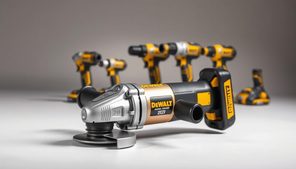 A close-up view of a DEWALT 20V angle grinder, meticulously rendered with a brushed metal finish and sleek design. The grinder is placed on a clean, neutral background, illuminated by soft, indirect lighting that emphasizes its compact and ergonomic form. In the foreground, the grinder's controls and safety features are clearly visible, inviting the viewer to examine its user-friendly details. In the middle ground, the grinder is positioned alongside other popular 20V power tools from competing brands, allowing for a direct visual comparison of size, weight, and overall aesthetic. The image conveys a sense of quality, durability, and technological advancement, reflecting the article's focus on the DEWALT 20V angle grinder's advantages over its competitors.