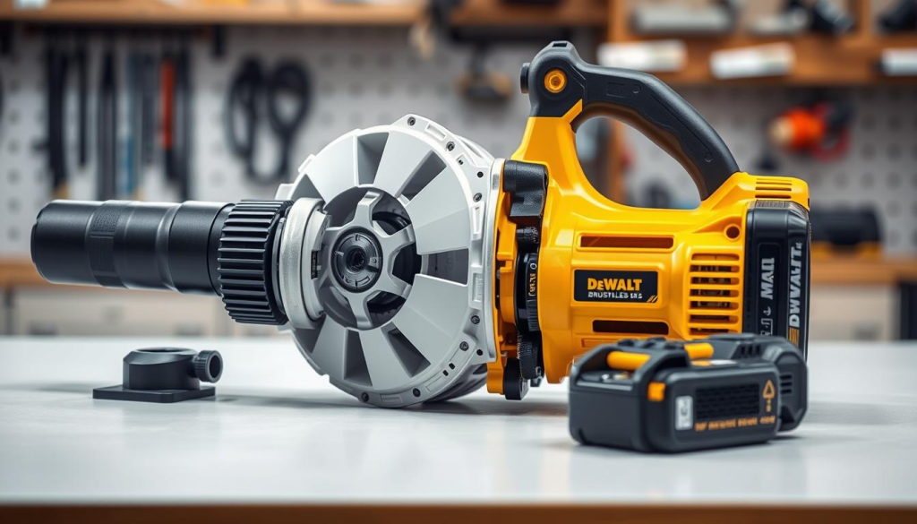 A close-up view of a DEWALT 20V cordless blower disassembled on a clean workbench, revealing its internal components. The brushless motor, impeller, and air intake vents are visible, showcasing the blower's robust and well-engineered design. Bright, even lighting illuminates the scene, allowing for detailed inspection of the blower's maintenance-friendly features. The overall mood is one of technical precision and attention to detail, reflecting the importance of proper care and upkeep for this powerful cordless tool.