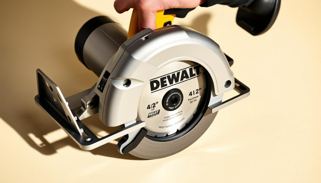 A close-up view of a DEWALT 4-1/2" circular saw, showcasing its ergonomic design and features. The saw is placed on a clean, neutral background, casting subtle shadows to convey depth and three-dimensionality. The grip and trigger mechanism are prominently featured, highlighting the saw's comfortable and intuitive controls. The blade guard and base plate are visible, revealing the saw's precision engineering and attention to detail. The composition emphasizes the tool's sleek, modern aesthetic, with a soft, even lighting that accentuates the DEWALT branding and metallic accents. The overall atmosphere conveys a sense of professional-grade power and reliability.