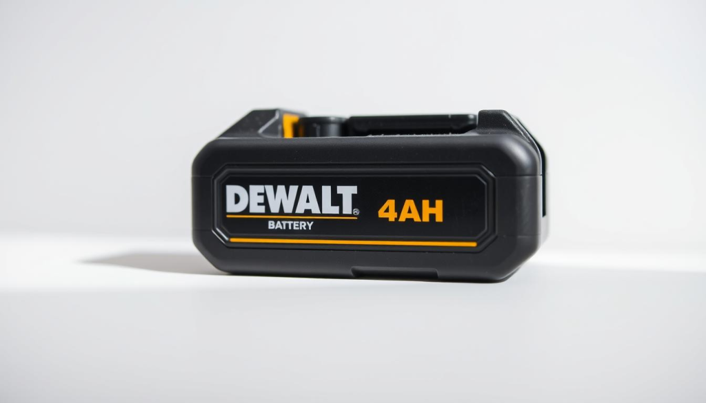 A close-up view of a DEWALT 4AH battery, showcasing its robust construction and reliable power. The battery is set against a clean, white background, highlighting its sleek, modern design. Subtle golden accents on the battery's surface catch the light, creating a sense of quality and durability. The image is captured with a shallow depth of field, drawing the viewer's attention to the battery's key features. Soft, directional lighting from the side casts subtle shadows, adding depth and dimension to the subject. The overall atmosphere conveys the battery's strength, reliability, and suitability for powering professional-grade power tools.