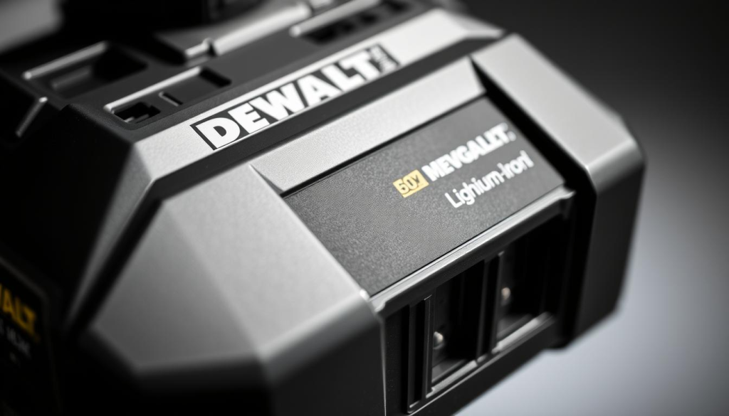 A close-up view of a DEWALT 60V MAX* Lithium-Ion battery pack, captured in high-resolution with a prime lens. The battery's sleek, angular design is highlighted by soft, directional lighting that casts subtle shadows, emphasizing its robust construction. The silver-and-black color scheme creates a modern, technical aesthetic. The image is framed to showcase the battery's compatibility ports and contacts, communicating its versatility and ability to power a variety of DEWALT tools. The background is minimalist, allowing the battery to be the central focus, conveying its importance as the "ultimate power source" for the DEWALT lineup.