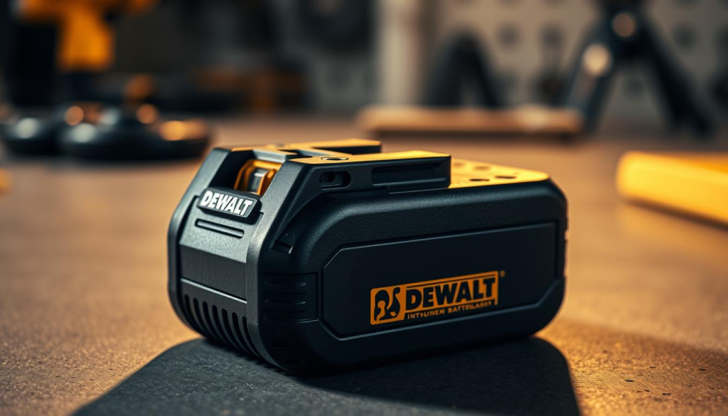A close-up view of a DEWALT 8V lithium-ion battery pack resting on a clean, well-lit workbench. The battery's surface is textured and detailed, with the DEWALT logo prominently displayed. The lighting casts soft, warm shadows, highlighting the battery's contours and emphasizing its sturdy construction. The background is blurred, placing the focus squarely on the battery and conveying a sense of thoughtful maintenance and care. The overall mood is one of professionalism and attention to detail, reflecting the importance of proper battery upkeep for DEWALT's compact power tools.