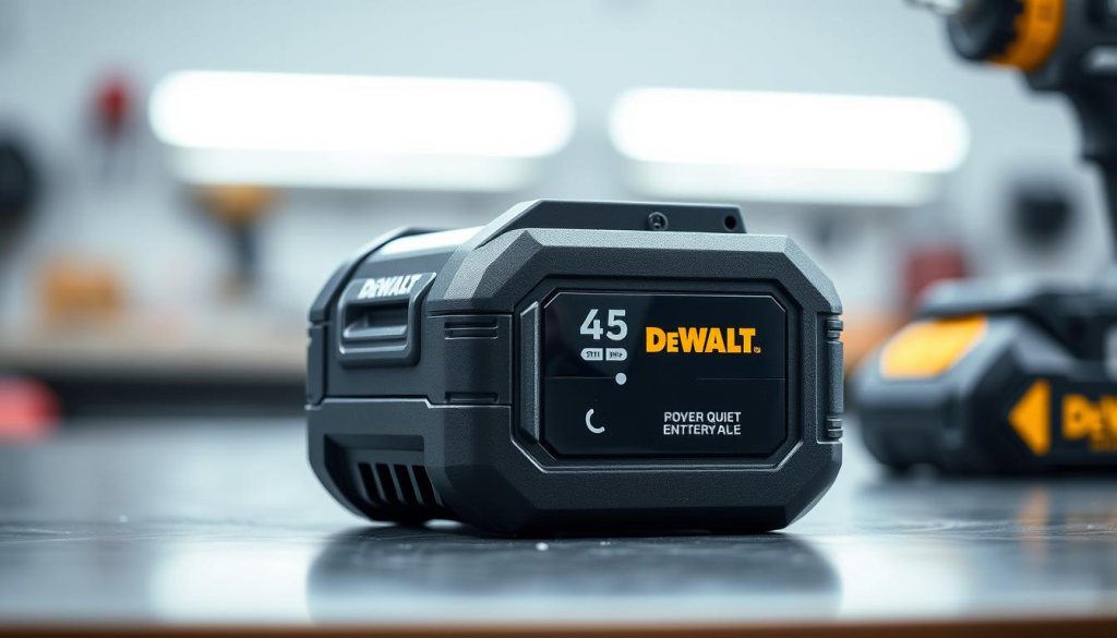 A close-up view of a DEWALT Quiet Hydraulic Impact cordless drill battery pack, resting on a clean, well-lit workbench. The battery's sleek, black casing is highlighted by soft, diffused lighting, emphasizing its modern, industrial design. The battery's power meter is prominently displayed, indicating a substantial charge level, conveying the tool's impressive battery life. The background is blurred, keeping the focus on the battery and its technical details. The overall scene exudes a sense of professionalism and attention to quality, reflecting the reliable performance and whisper-quiet operation of the DEWALT Quiet Hydraulic Impact.