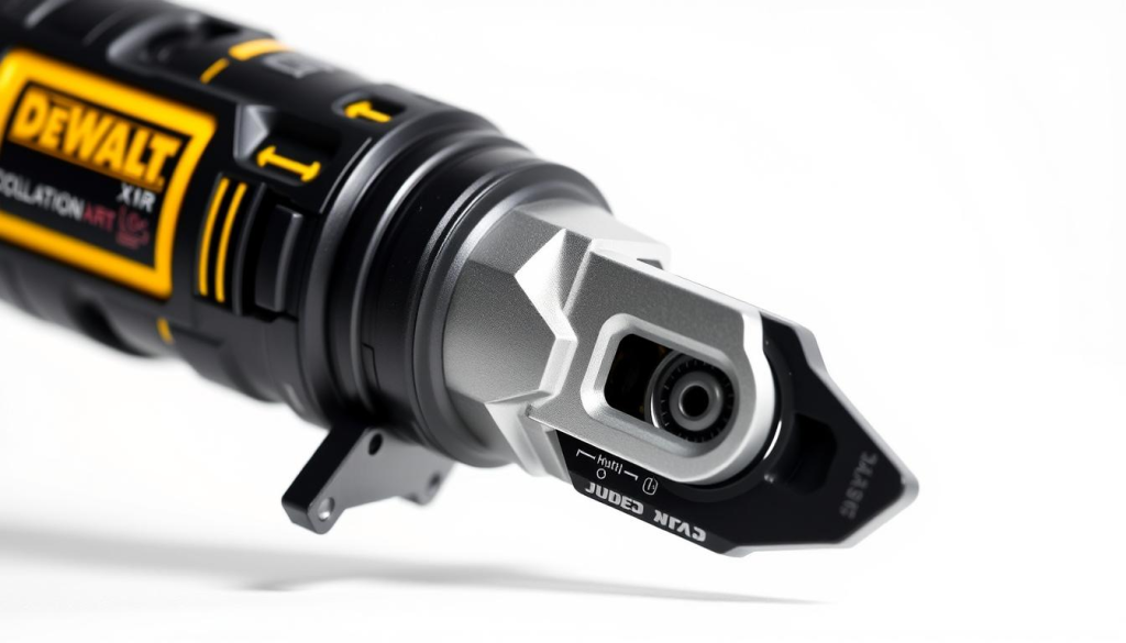 A close-up view of a DEWALT XR oscillating multi-tool, showcasing its precision and versatility. The tool is displayed against a clean, white background, allowing its sleek, ergonomic design to take center stage. Soft, directional lighting accentuates the tool's metal components, highlighting the high-quality craftsmanship and attention to detail. The image captures the essence of the tool's power and control, conveying the benefits of using it for delicate home repairs and DIY projects.