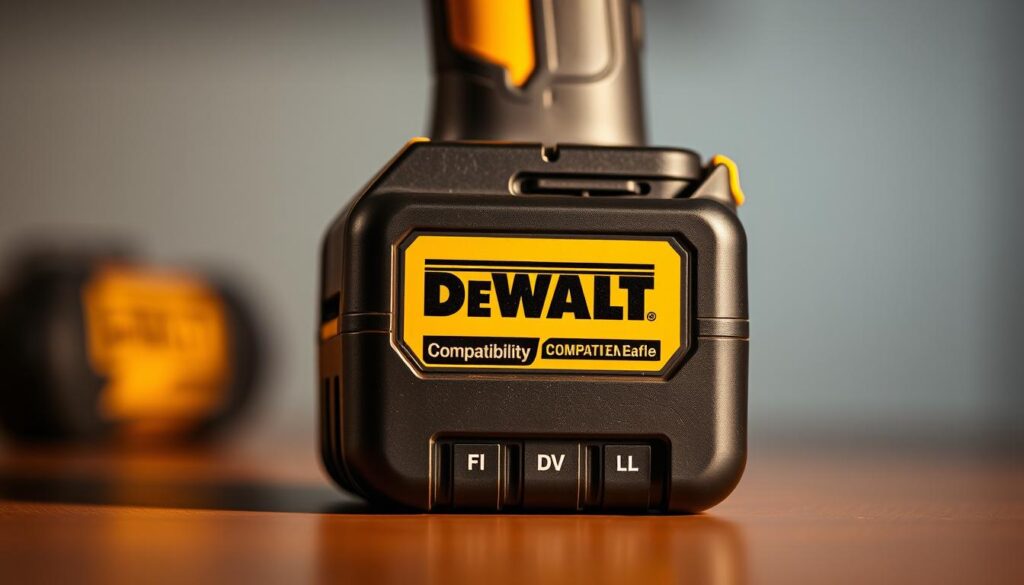 A close-up view of a DEWALT battery, showcasing its compatibility and power. The battery is centered in the frame, illuminated by a warm, directional light that casts subtle shadows, highlighting its sleek, rugged design. The background is blurred, drawing the viewer's attention to the battery's details - the DEWALT logo, the sturdy casing, and the battery terminals. The image conveys a sense of reliability, durability, and the battery's ability to power DEWALT tools with long-lasting performance.