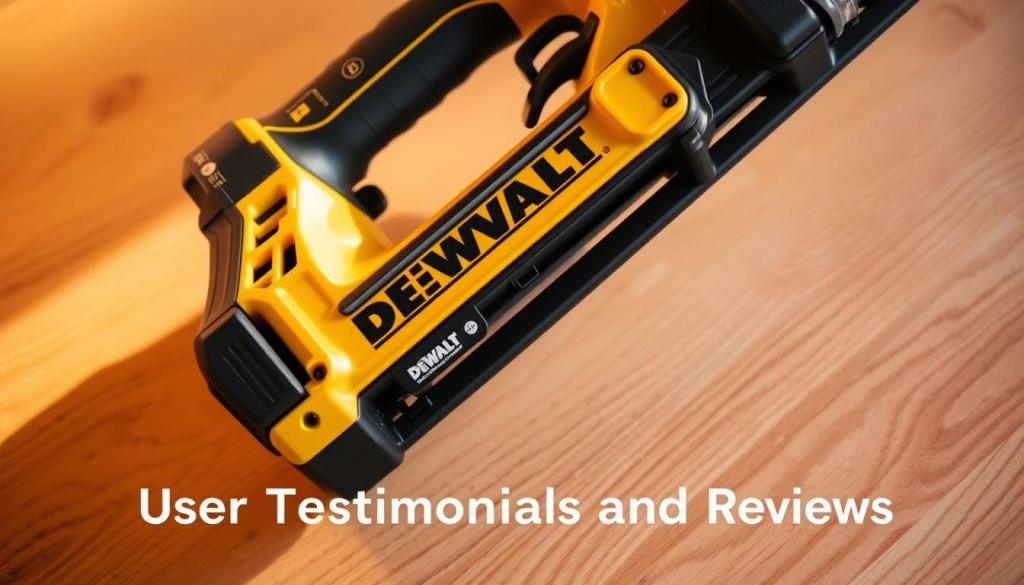 A close-up view of a DEWALT cordless roofing nailer, its sleek black and yellow design prominently displayed. The tool rests on a wooden surface, casting a soft shadow. Warm, directional lighting highlights the intricate details, from the ergonomic grip to the powerful pneumatic mechanism. The nailer appears sturdy and well-crafted, exuding a sense of professional-grade quality. The image conveys the reliable performance and versatility that users have come to expect from DEWALT tools, fitting the "User Testimonials and Reviews" section of the article.