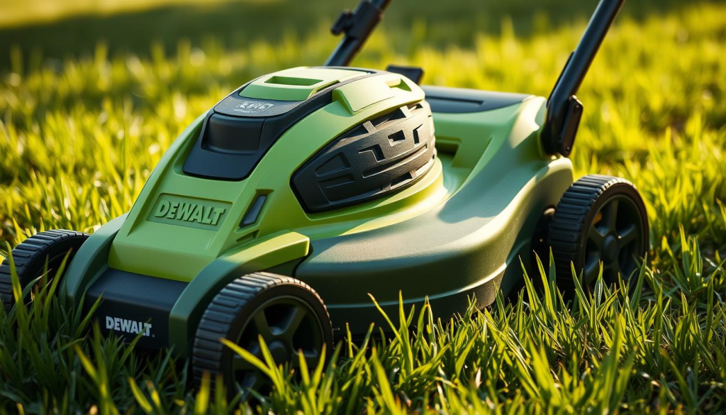 A close-up view of a DEWALT electric lawn mower, its sleek and sturdy design prominently displayed under soft, natural lighting. The mower's vibrant green body contrasts against the lush, verdant grass in the background, conveying a sense of power and efficiency. The front wheels are turned slightly, suggesting movement and engagement with the terrain. The mower's battery pack is visible, highlighting its cordless convenience. The image captures the mower's user-friendly controls and ergonomic handles, inviting the viewer to envision the smooth, effortless experience of operating this reliable lawn care tool.