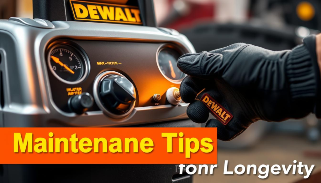 A close-up view of a DEWALT inflator, its silver-grey casing gleaming under warm, focused lighting. The inflator's control panel is prominently displayed, with buttons and gauges meticulously detailed. In the foreground, a mechanic's gloved hand performs routine maintenance, inspecting the air filter and lubrication points. The background is blurred, emphasizing the inflator as the central focus. The scene conveys a sense of care and attention to detail, reflecting the "Maintenance Tips for Longevity" theme.