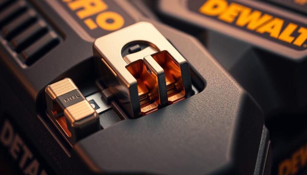 A close-up view of a DEWALT jump starter connection, captured in vivid detail. The metallic battery terminals stand out against a dark, matte-black housing, their copper surfaces gleaming under warm, directional lighting. The angle emphasizes the ergonomic design, with the terminals slightly recessed to prevent accidental shorts. The image conveys a sense of sturdy reliability, suitable for the step-by-step guide on jumpstarting a car with ease.