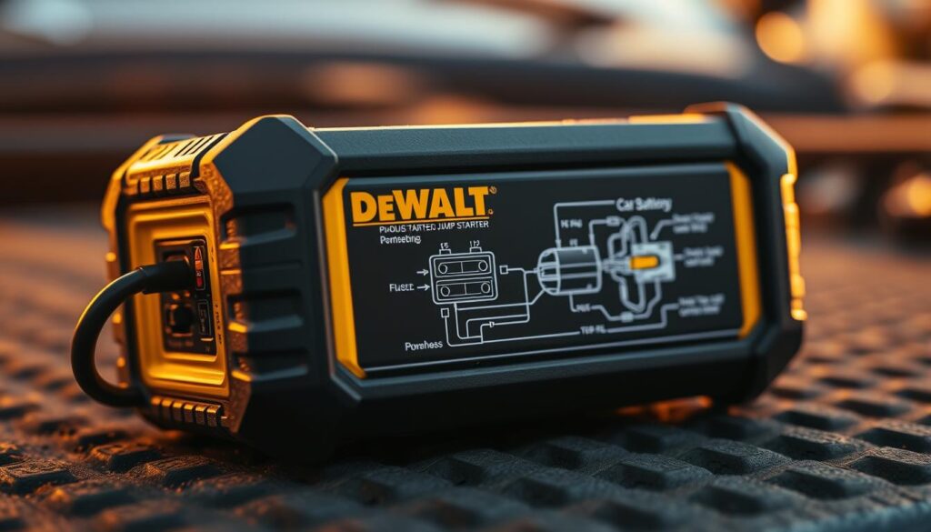 A close-up view of a DEWALT jump starter, its rugged exterior highlighted by warm, soft lighting. The device sits atop a textured, dark surface, with a detailed technical diagram illustrating the various components and connections. The background is slightly blurred, emphasizing the jump starter as the focal point. The image conveys a sense of problem-solving and troubleshooting, with the jump starter presented as a reliable, high-quality tool to overcome common car battery issues.
