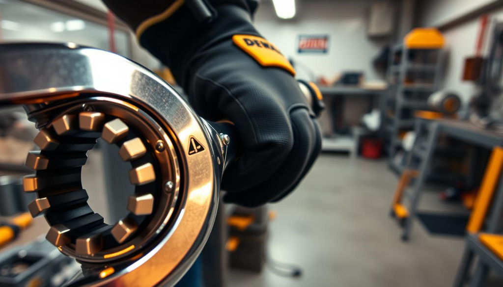 A close-up view of a DEWALT ratchet tool, its shiny chrome surface gleaming under warm, directional lighting. The foreground focuses on the ratchet mechanism, its teeth and gears meticulously detailed. In the middle ground, a hand wearing a mechanic's glove holds the ratchet handle, showcasing its ergonomic design. The background depicts a clean, organized workshop with metal shelves and tools, conveying a sense of precision and professionalism. The overall mood is one of technical expertise and attention to detail, reflecting the high-quality craftsmanship of the DEWALT ratchet.