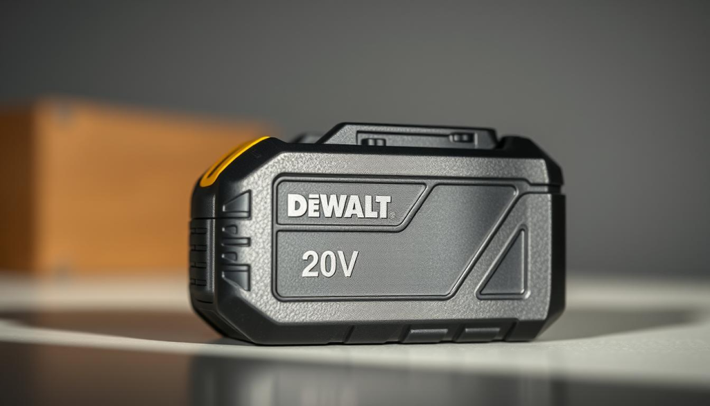 A close-up view of a DeWalt 20V battery pack, its surface illuminated by soft, directional lighting to highlight its textured, angular design. The battery is positioned prominently in the foreground, while a blurred, out-of-focus background suggests a clean, minimalist setting. The image conveys a sense of power, durability, and precision engineering, capturing the essence of the battery's performance and lifespan. Detailed technical specifications, such as the battery capacity and runtime, are subtly implied through the visual composition, allowing the viewer to intuit the battery's capabilities without the need for explicit textual information.