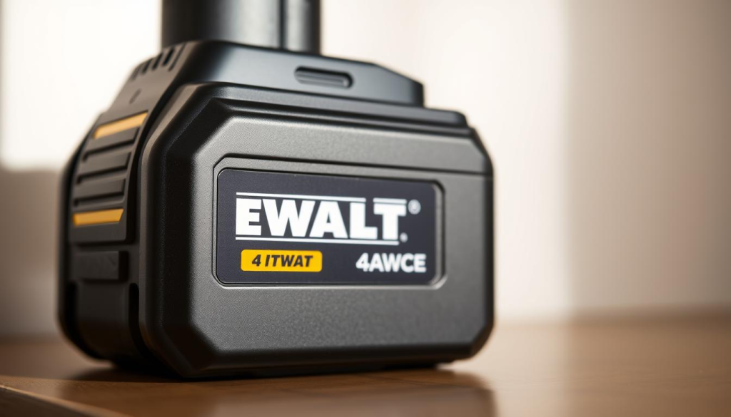 A close-up view of a DeWalt 4 amp battery pack, showcasing its sleek and robust design. The battery sits against a neutral background, with soft, natural lighting illuminating its features. The metallic casing reflects the light, giving the battery a polished, professional appearance. In the foreground, the DeWalt logo is prominently displayed, conveying the brand's reputation for quality and reliability. The composition emphasizes the battery's power capacity, hinting at the benefits it offers for demanding power tool applications. The overall mood is one of confidence and efficiency, capturing the essence of the DeWalt brand and the advantages of this specific battery model.