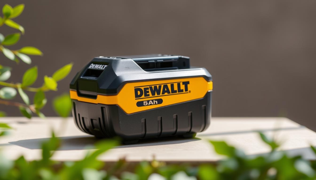 A close-up view of a DeWalt 5Ah battery pack, its sleek black and yellow design illuminated by soft, natural lighting. The battery rests on a minimalist, eco-friendly surface, surrounded by lush greenery and a muted, serene background, conveying a sense of sustainability and environmental consciousness. The battery's sturdy construction and visible details suggest its long-lasting performance and durability, complementing the article's focus on upgrading to a more powerful, yet eco-friendly, battery option.