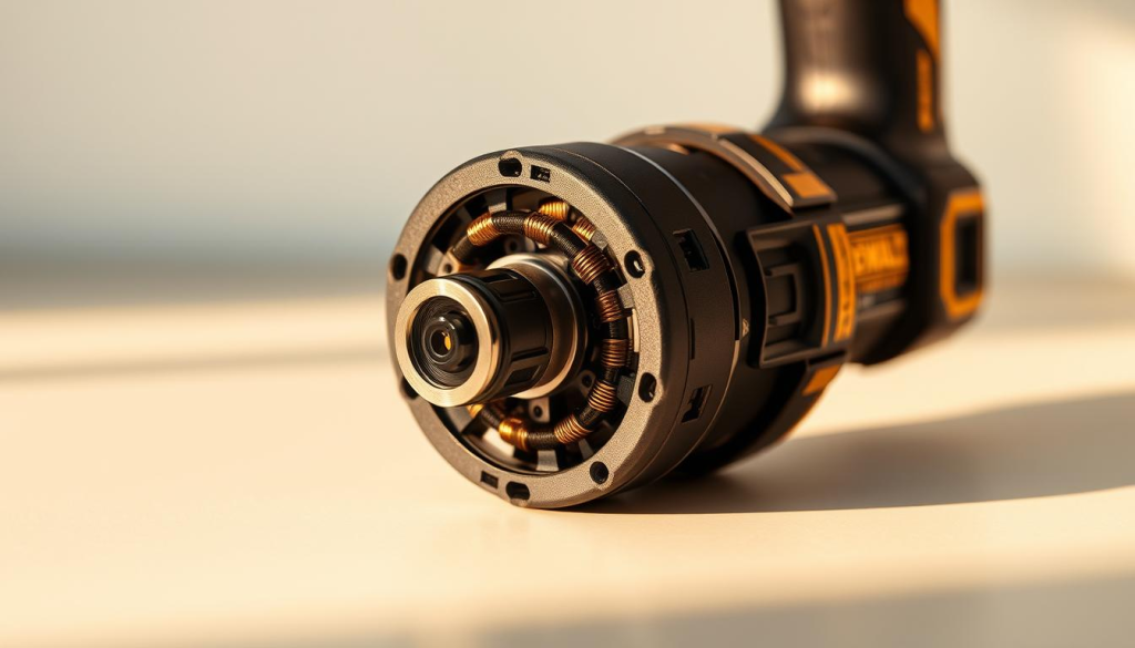A close-up view of a DeWalt Atomic brushless motor, showcasing its intricate inner workings. The motor is positioned on a clean, well-lit surface, allowing the details of its compact, high-performance design to be clearly visible. The lighting is warm and directional, creating subtle shadows that accentuate the motor's sleek, modern aesthetics. The camera angle is slightly elevated, providing an unobstructed view of the motor's key components, such as the armature, field windings, and commutator. The overall mood is one of precision engineering and technological sophistication, reflecting the advanced capabilities of the DeWalt Atomic power tool series.