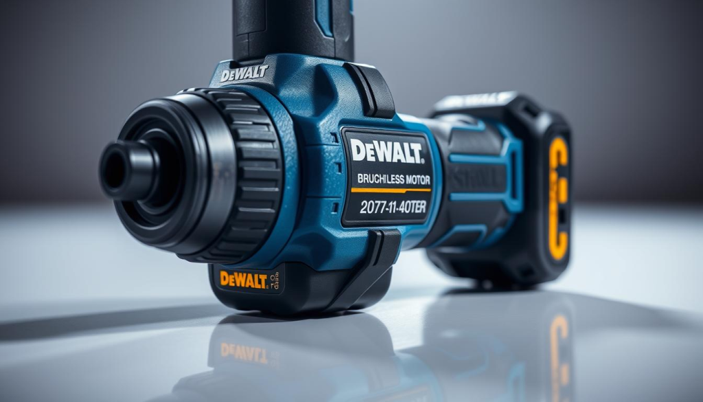A close-up view of a DeWalt cordless impact driver, showcasing its key features. The driver is positioned on a clean, reflective surface, allowing the details to stand out. Soft, directional lighting highlights the sturdy, textured grip, the compact and ergonomic design, and the powerful brushless motor. The metallic blue and black color scheme conveys a sense of industrial strength and precision. The image captures the impact driver from a slightly high angle, emphasizing its compact size and the ease of handling. The overall atmosphere is one of power, reliability, and professional-grade performance.