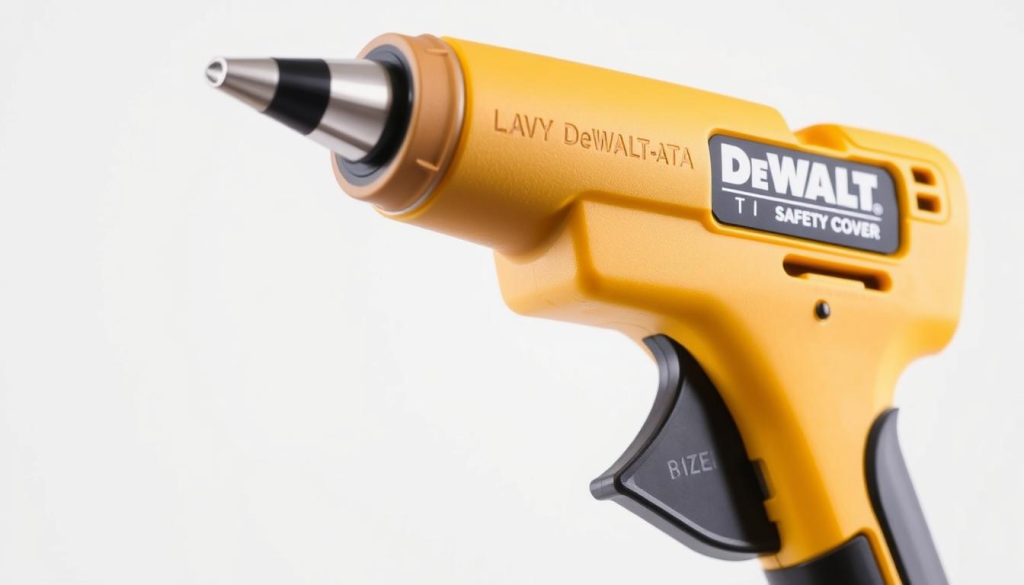 A close-up view of a DeWalt glue gun, its safety features prominently displayed. The gun is set against a clean, white background, allowing the details to stand out. The trigger mechanism is clearly visible, along with the protective nozzle cover and safety switch. The gun's ergonomic grip and heat-resistant body are highlighted, showcasing its durable construction. Soft, diffused lighting illuminates the scene, creating a sense of clarity and focus on the key safety elements. The image conveys the reliability and user-friendly design of the DeWalt glue gun, ready to be highlighted in the article's "Safety Features" section.