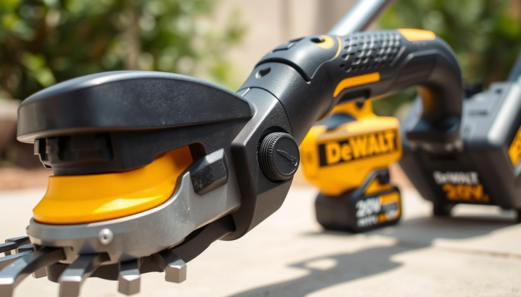 A close-up view of a Dewalt 20V cordless weed eater, showcasing its key features. The foreground features the trimmer head with its sturdy metal blades, and the adjustable guard for precision edging. In the middle ground, the ergonomic handle with soft-grip texture and variable speed trigger is prominently displayed. The background depicts the brushless motor for increased efficiency and runtime, and the removable 20V battery pack for cordless convenience. The image is captured under natural daylight, with a shallow depth of field to emphasize the details. The overall tone is one of rugged durability and power, befitting a professional-grade cordless trimmer.